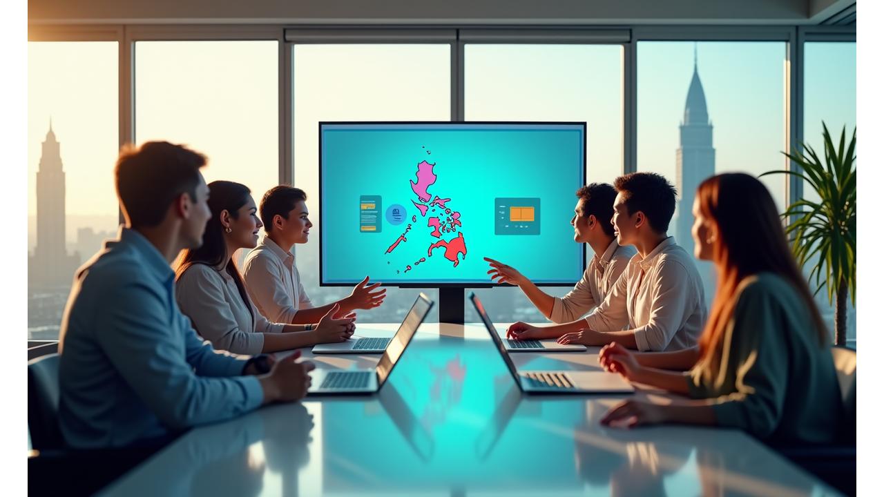 Team Manunggul Labs collaborating in a bright, modern office space overlooking Makati skyline, symbolizing innovation and collective growth.