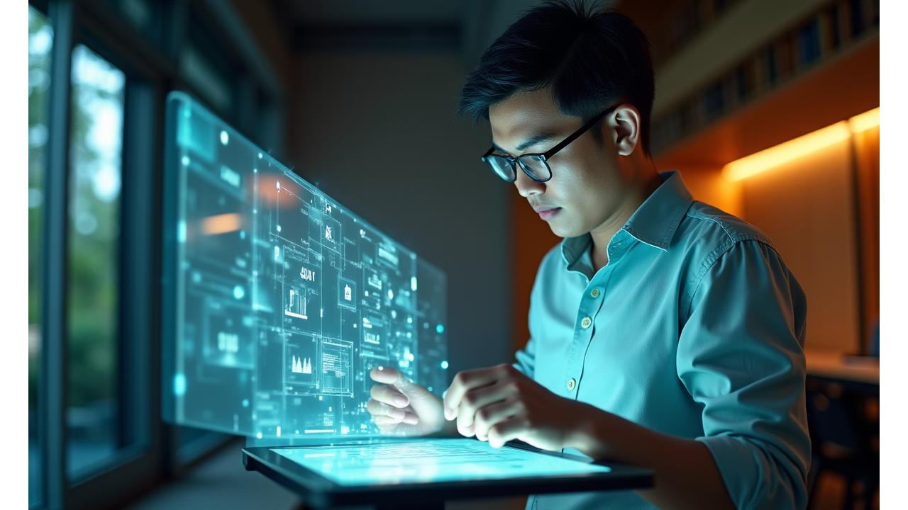 Filipino entrepreneur analyzing a complex business model canvas on a digital tablet, symbolizing strategic planning and growth in the local market.