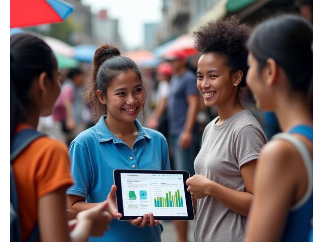 Filipino market researcher conducting customer interviews in a bustling urban setting, with data points and graphs overlaid, symbolizing market validation.