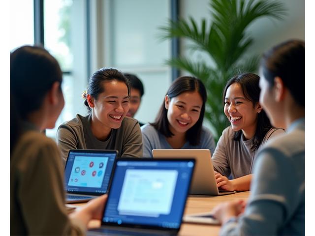 Filipino professionals participating in a workshop, engaged in group discussions and using digital tools, promoting collaboration and skill development.