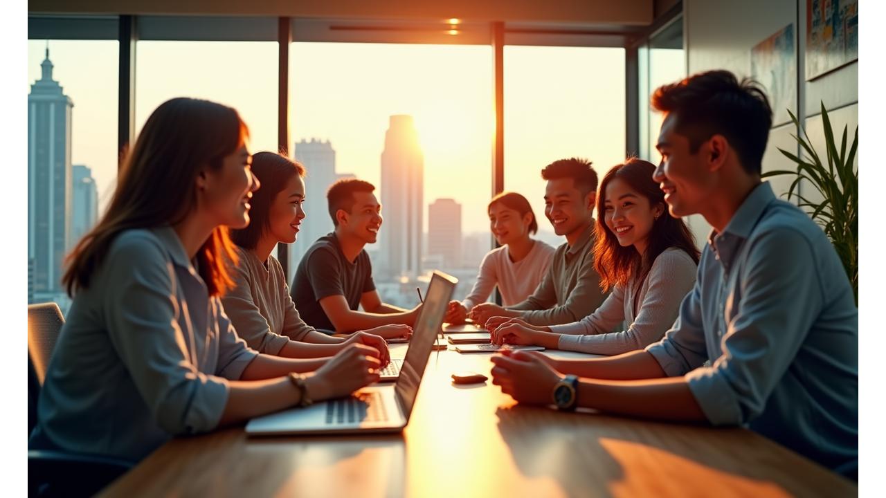 Diverse group of ambitious Filipino entrepreneurs collaborating happily in a modern, sunlit co-working space overlooking Makati skyline, reflecting growth and innovation