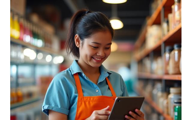 Filipino small business owner using a tablet to manage online sales in a busy store, showing digital transformation