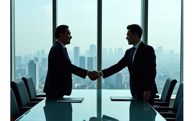 Filipino business executive shaking hands with a Southeast Asian counterpart in a modern, glass-filled conference room