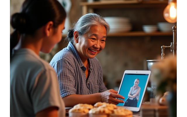 Older Filipino woman smiling while explaining traditional handicraft to a young customer in a digitally enhanced workshop