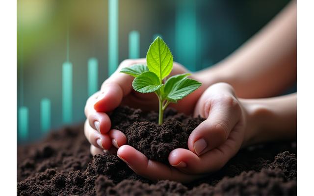 Hands planting a seedling in fertile soil with a data dashboard overlay, symbolizing sustainable growth and tech integration