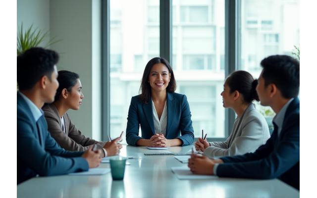 Confident Filipino woman leading a diverse team in a modern office, representing women empowerment in business