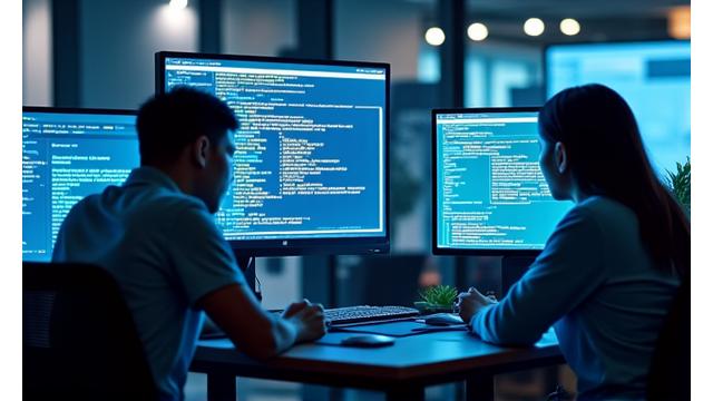 Software engineers collaborating around monitors with code, representing accelerated feature development