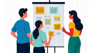 Illustration of people collaborating with sticky notes, representing Design Thinking
