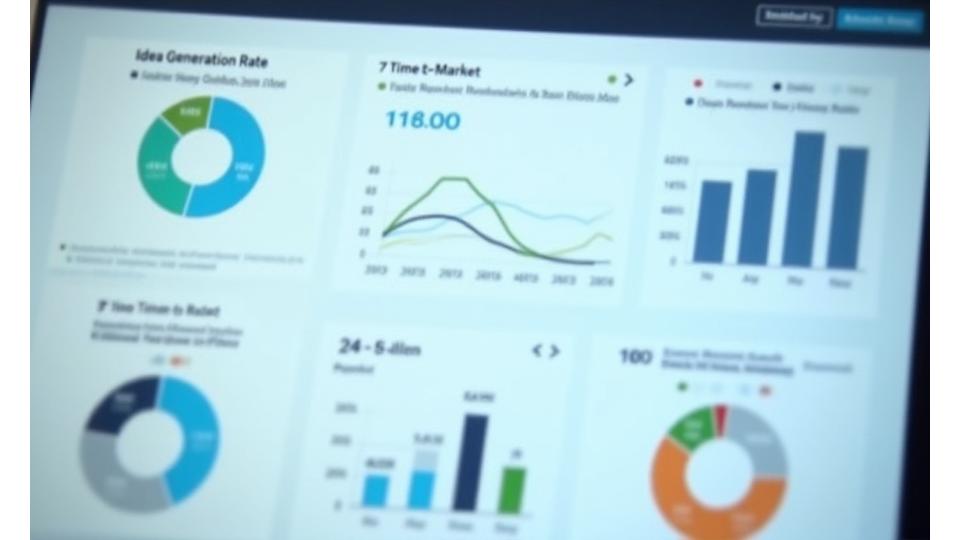Dashboard displaying innovation metrics: idea generation rate, time to market, team collaboration, and project pipeline