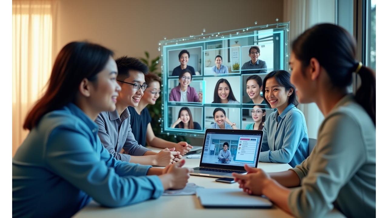 Filipino remote team collaborating effectively on a video call, showing diverse professionals engaged and smiling, with digital tools overlay. Bright and modern professional setting.