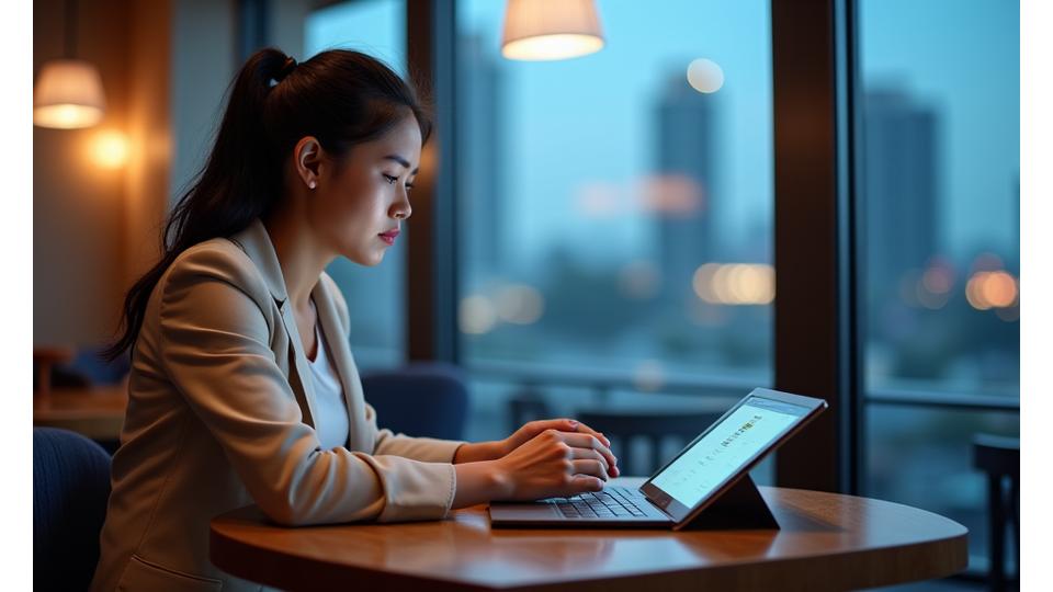 A person studying on a tablet in a 카페, with Manila skyline in the background, symbolizing flexible learning.