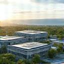 Rendering of a modern, eco-efficient manufacturing facility with solar panels and green spaces.