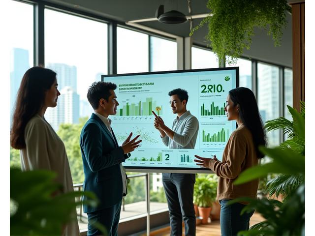 Filipino entrepreneur discussing sustainable practices with team in a modern, green-themed office.