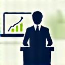 Icon of a person presenting a pitch deck with graphs and a plant symbol, highlighting dual returns.